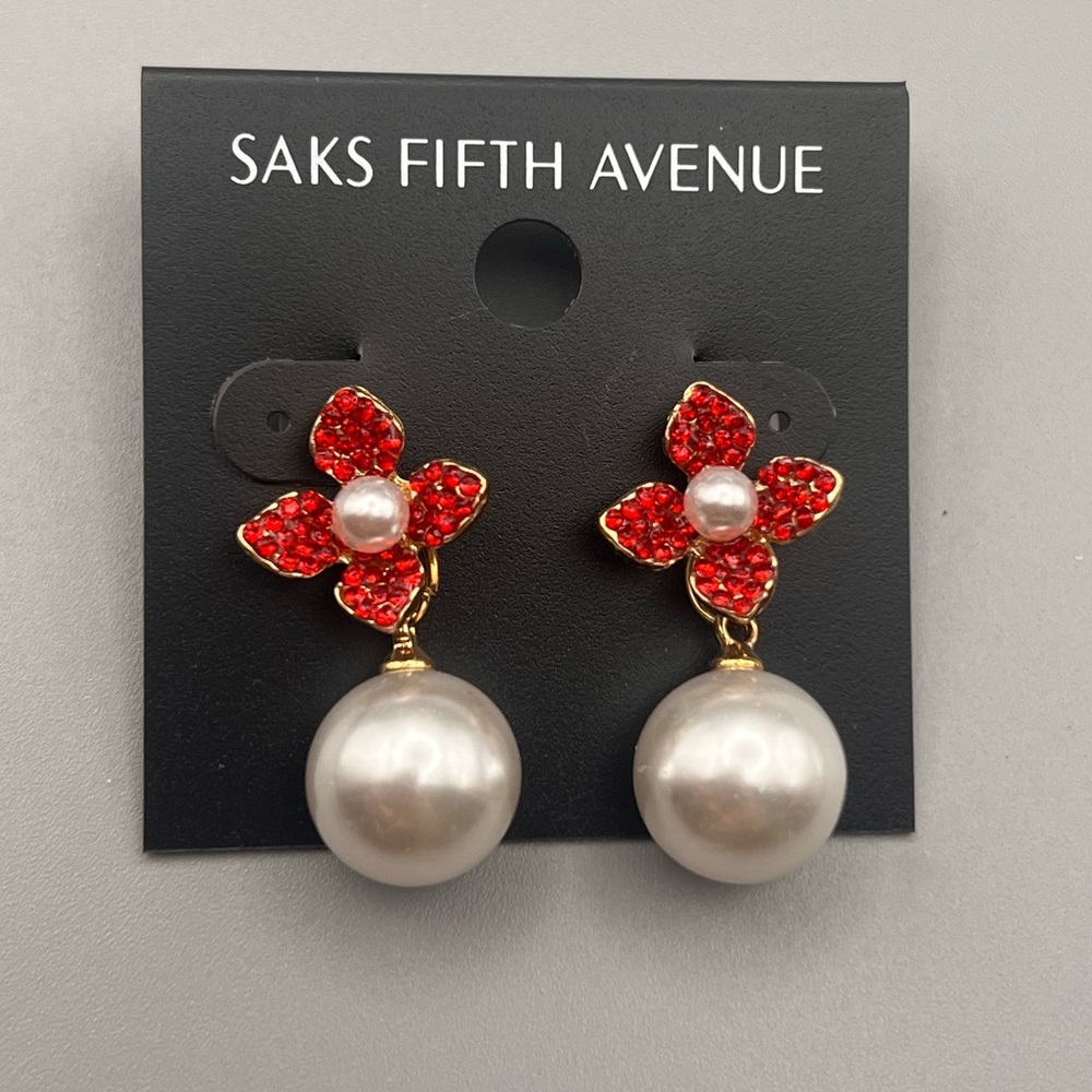 Saks Fifth Avenue Red and Gold flower with Pearl Drop Earrings - Picture 3 of 5